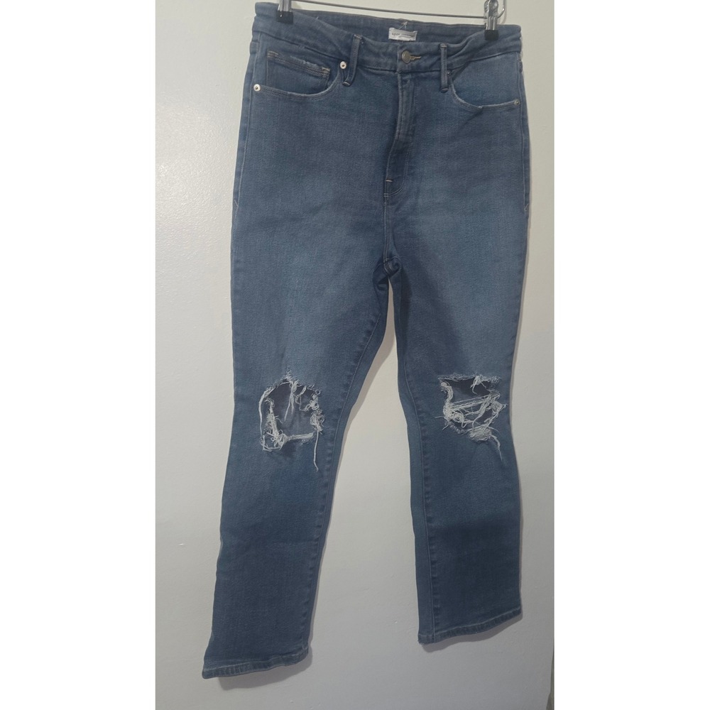 Good American Distressed High Rise Straight Jeans Blue GVL67T Size 14/32 Womens